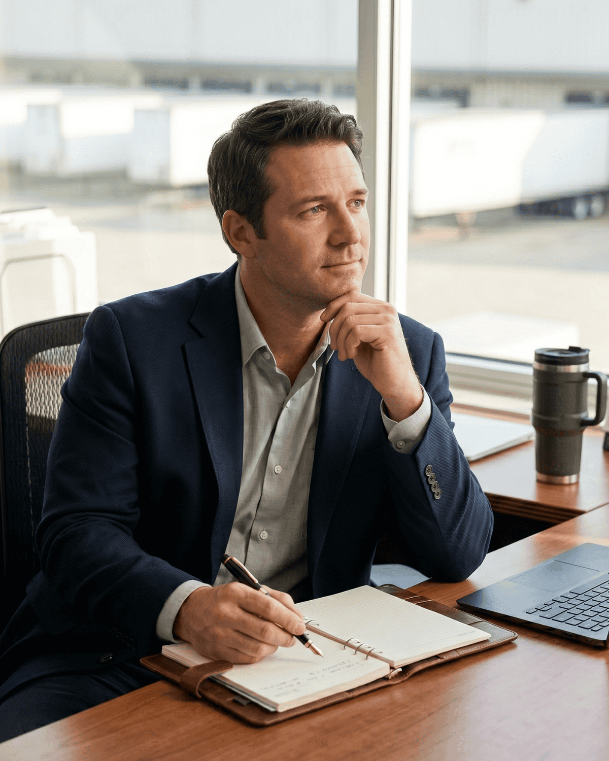 Businessman contemplating strategy at office desk with notebook and coffee.