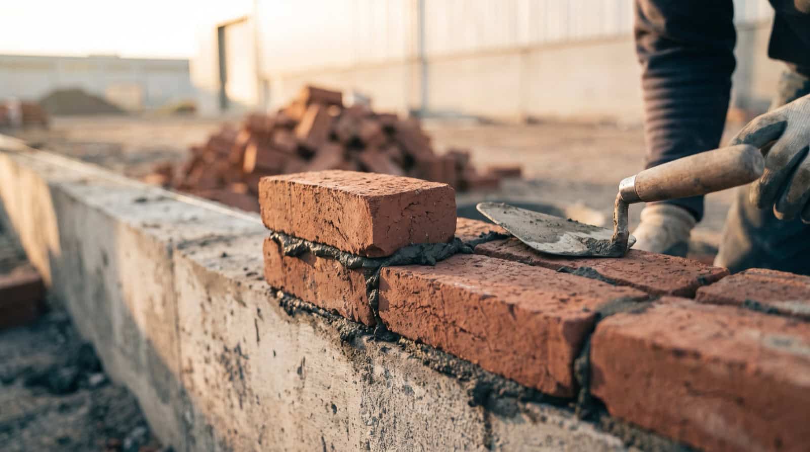 A fresh brick being set with a trowel at the end of a short row of bricks on a concrete foundation.